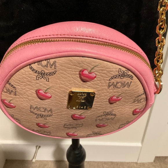 MCM Round Pink/Tan w/Cherries and Gold Chain Crossbody - Picture 16 of 16